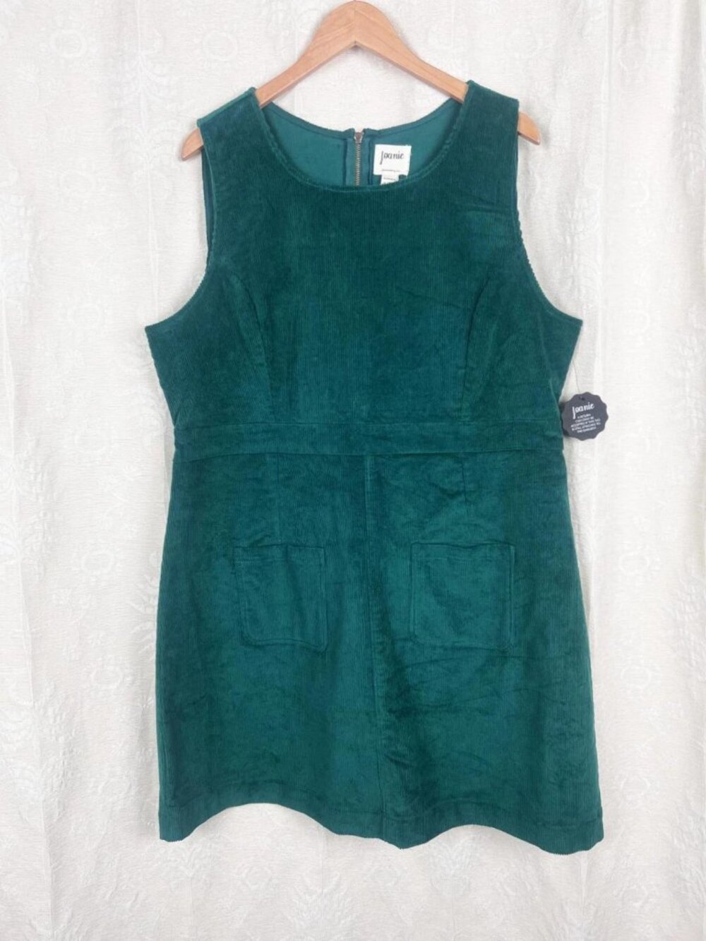 NEW Joanie Daphne Corduroy Patch Pocket Pinafore Green shift dress cotton blend - Picture 2 of 9